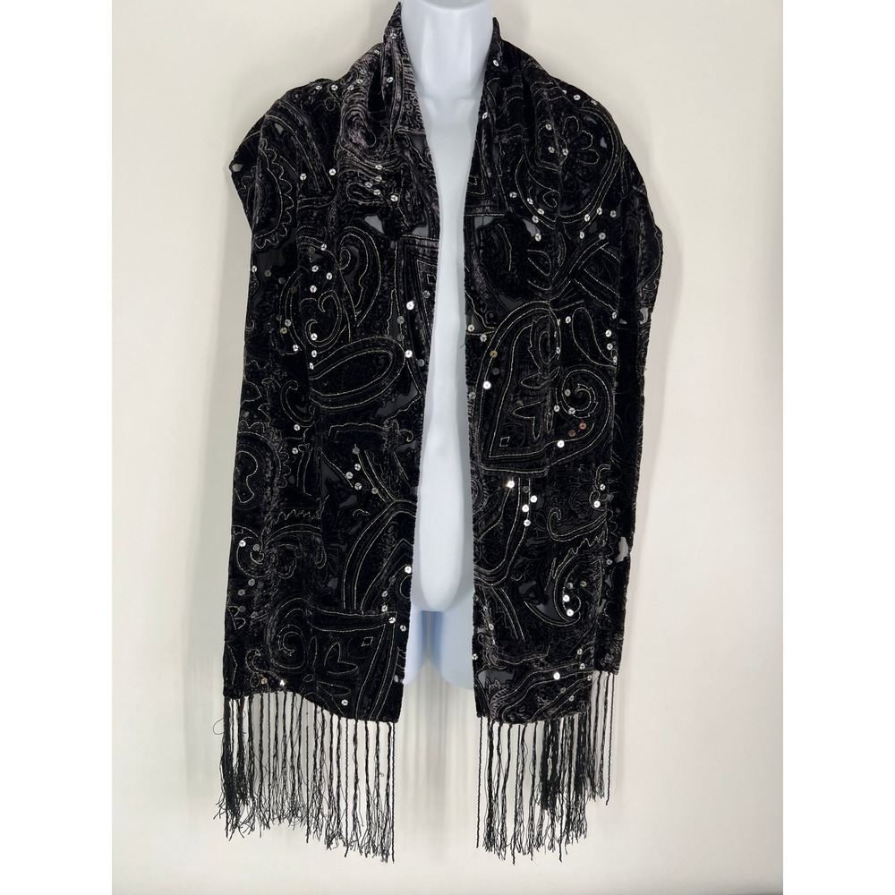 Black Silk Blend Velvet Paisley Burnout Wrap Shawl Beaded Sequin Fringe Scarf